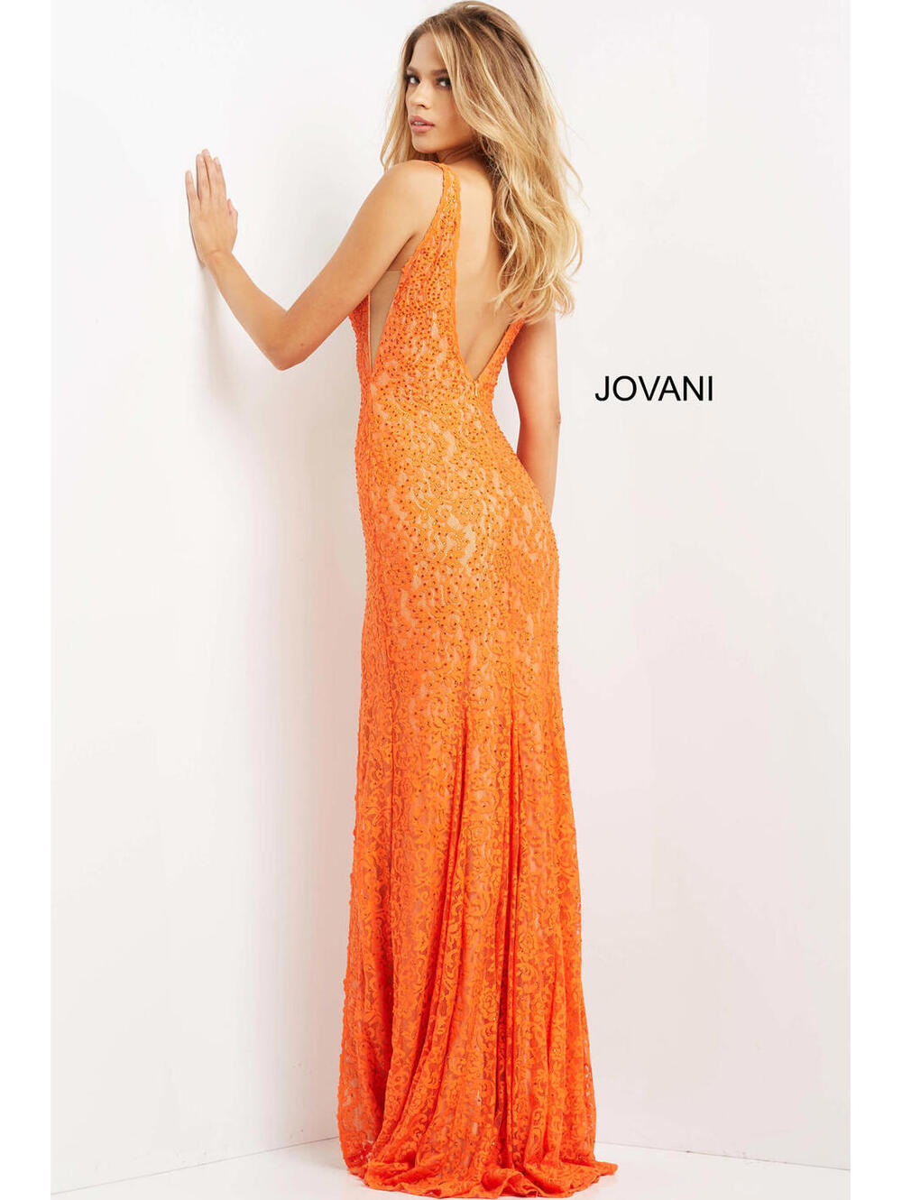 NWT Jovani 08674 Orange Nude Lace Plunging Neck Dress Size 0 Formal Prom Gown - Picture 2 of 9